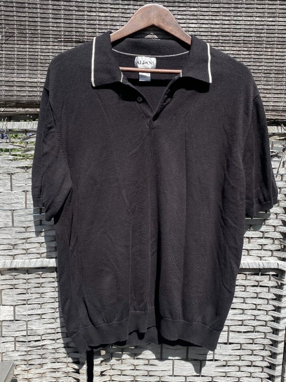 Alfani Men's Short Sleeve Open Striped Collar Polo Shirt 100% Cotton Black XL